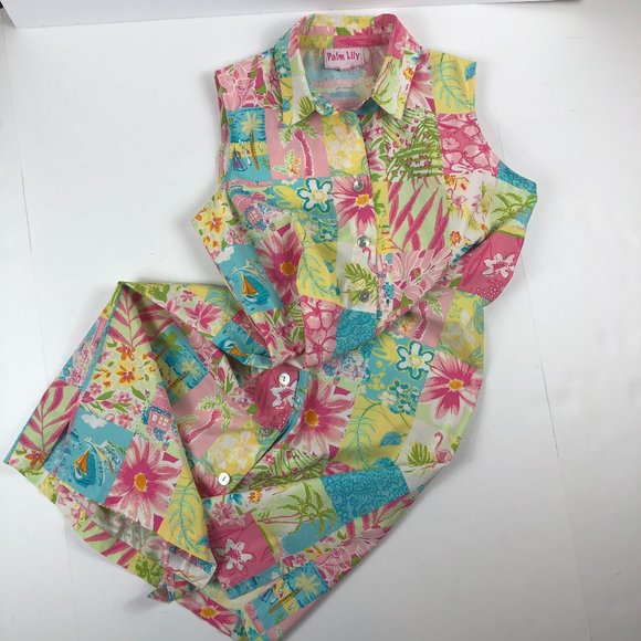 Vintage Palm Lily Cottagecore Sleeveless Boho Patchwork Button Front Shirt Dress - Picture 9 of 16